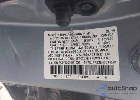 2016 Honda Civic Ex from USA, damaged, VIN 2HGFC2F73GH571054